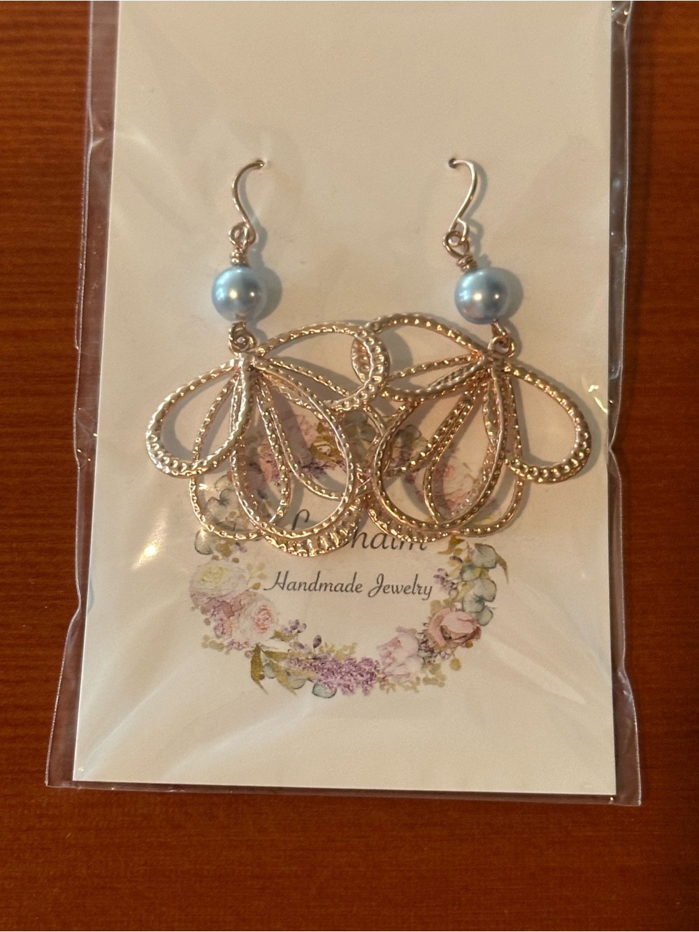 Gold-Tone Filigree Drop Earrings with Light Blue Pearl Accent